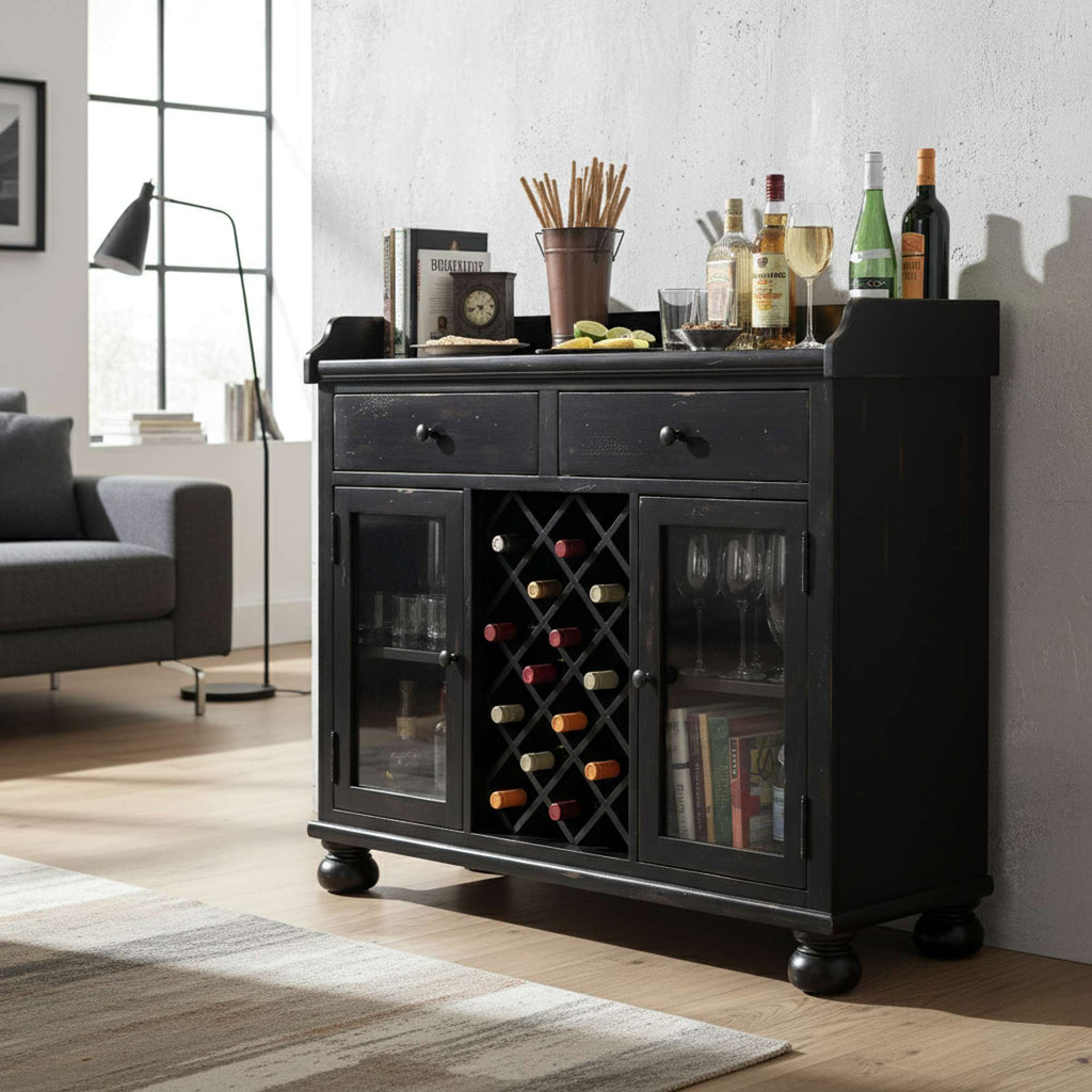 A stylish black bar cabinet with wine storage and drinks displayed, in a modern living room setting.