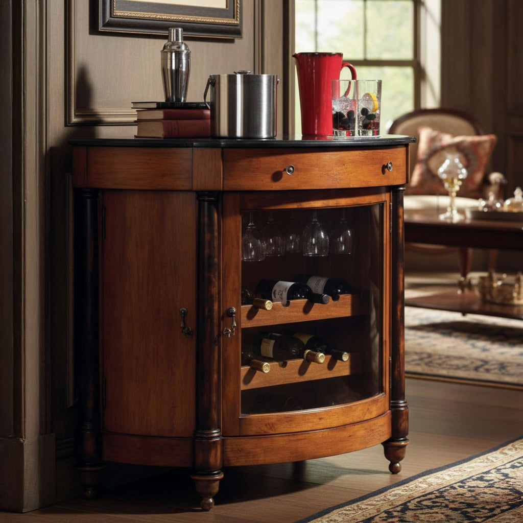 A wooden bar cabinet with a glass front, displaying wine bottles and glassware, set in a stylish room.