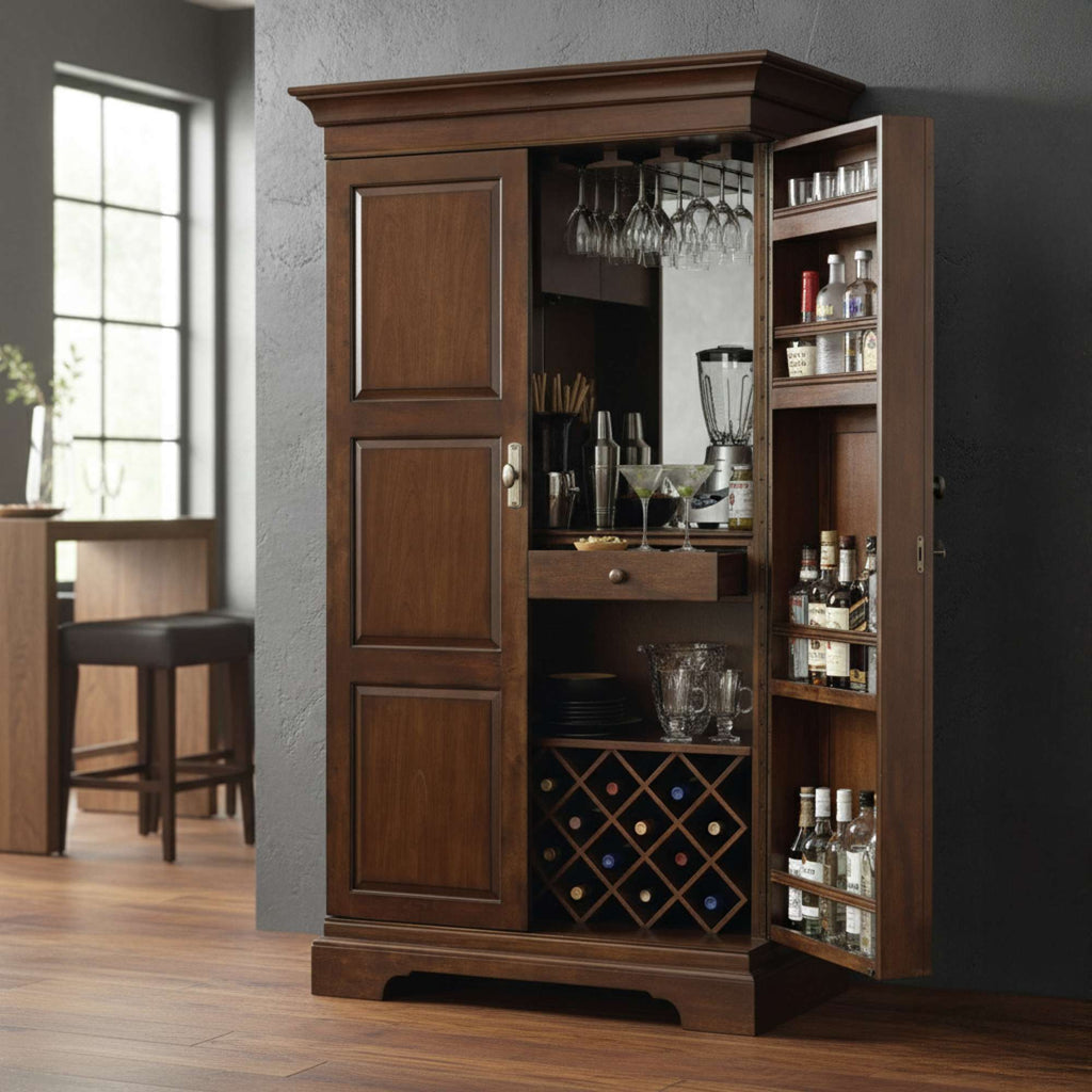 A wooden bar cabinet with glasses, bottles, and a wine rack, placed in a modern interior.