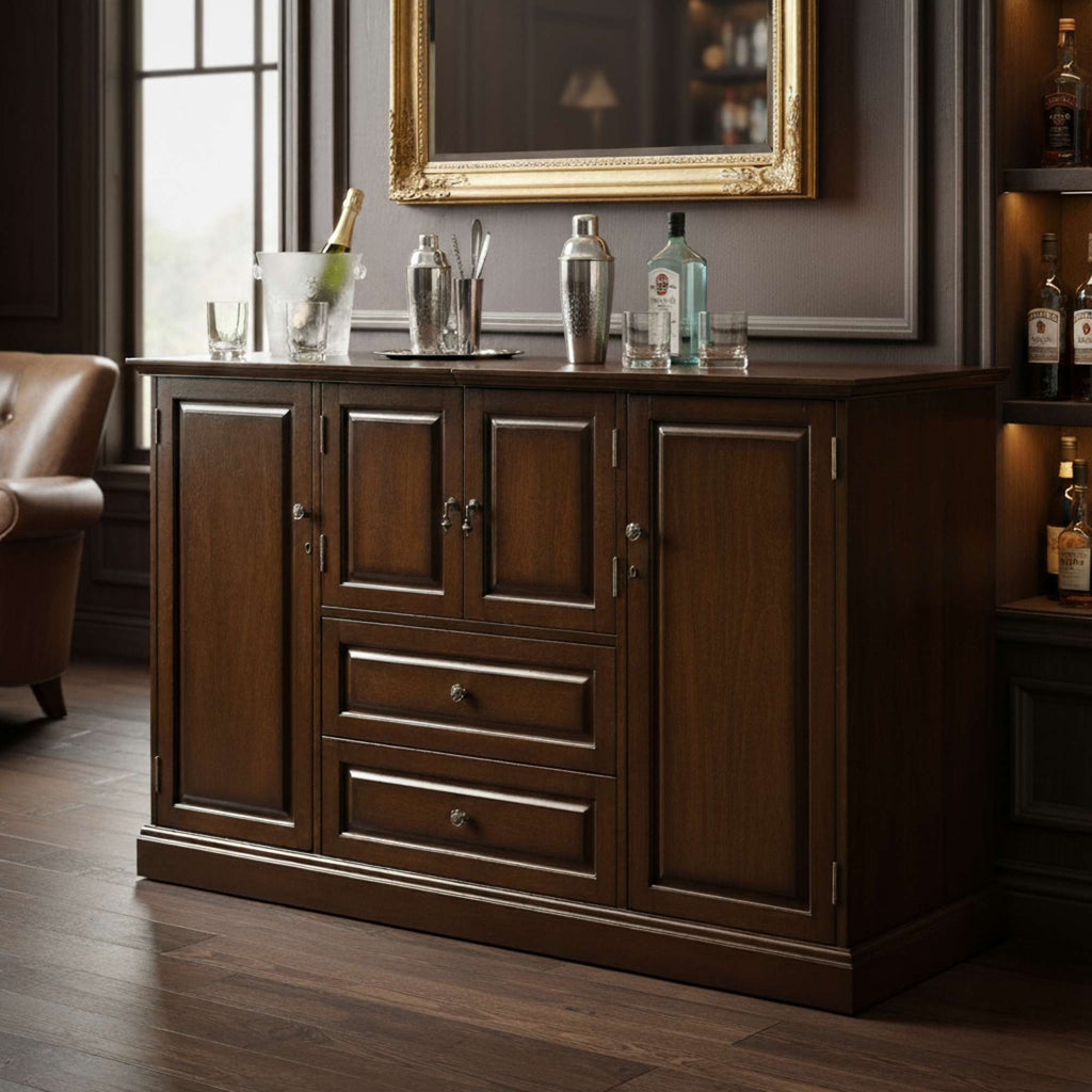 A wooden bar cabinet with storage and bottles in a stylish interior setting.