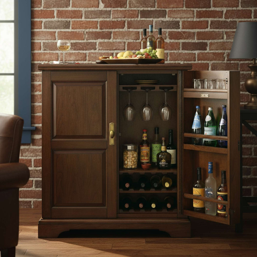A wooden bar cabinet featuring wine bottles, glassware, and storage, set against a brick wall.
