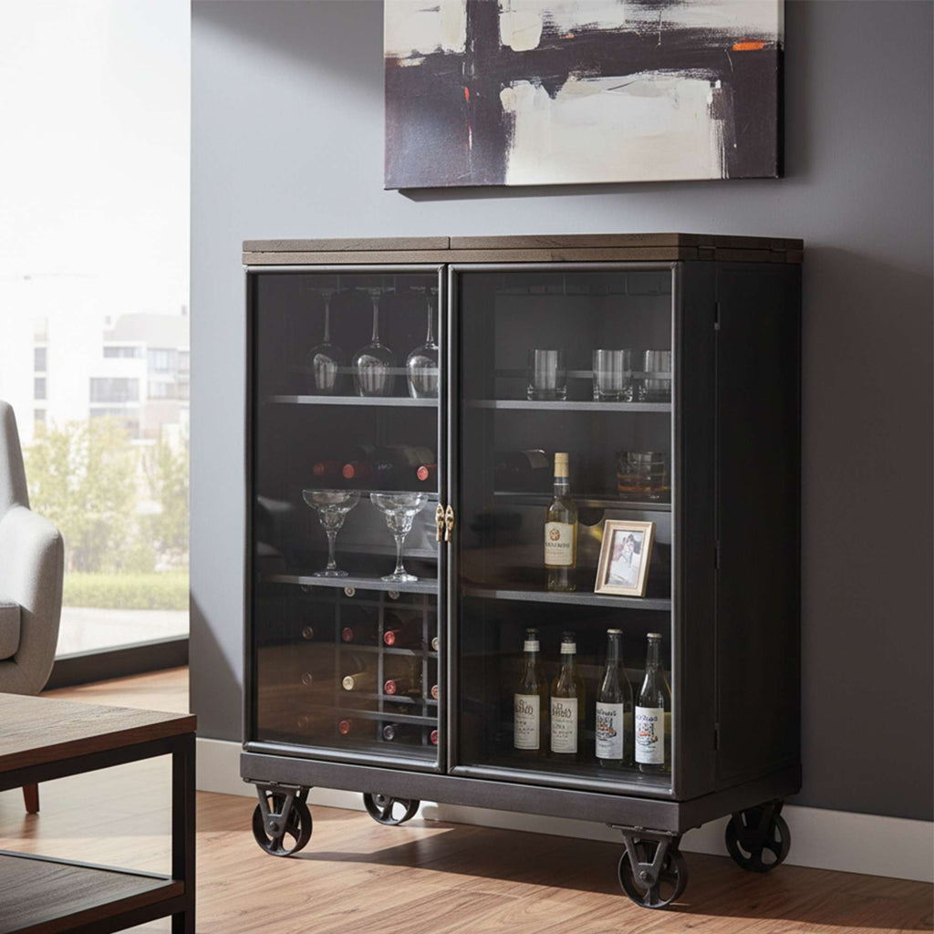 Modern glass-fronted bar cabinet on wheels in a stylish living room.