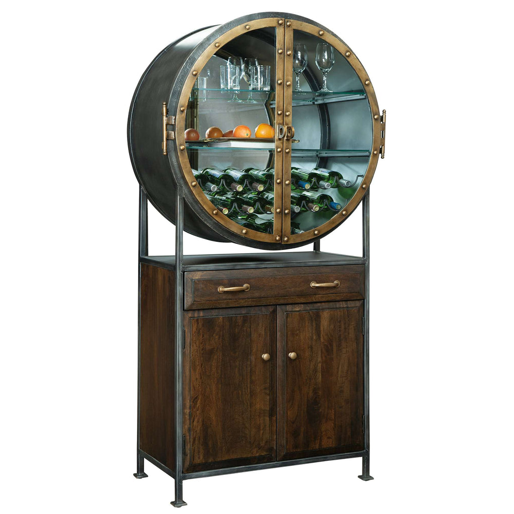 Industrial-style bar cabinet with circular glass display and storage for bottles