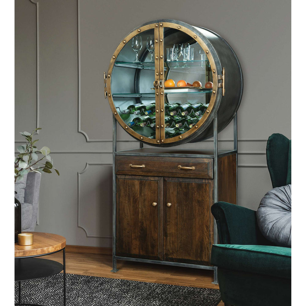 Stylish glass-fronted cabinet with wooden base and metal accents