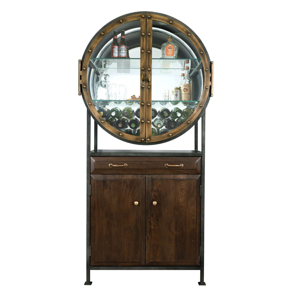 A stylish round bar cabinet with glass shelves and wooden storage below