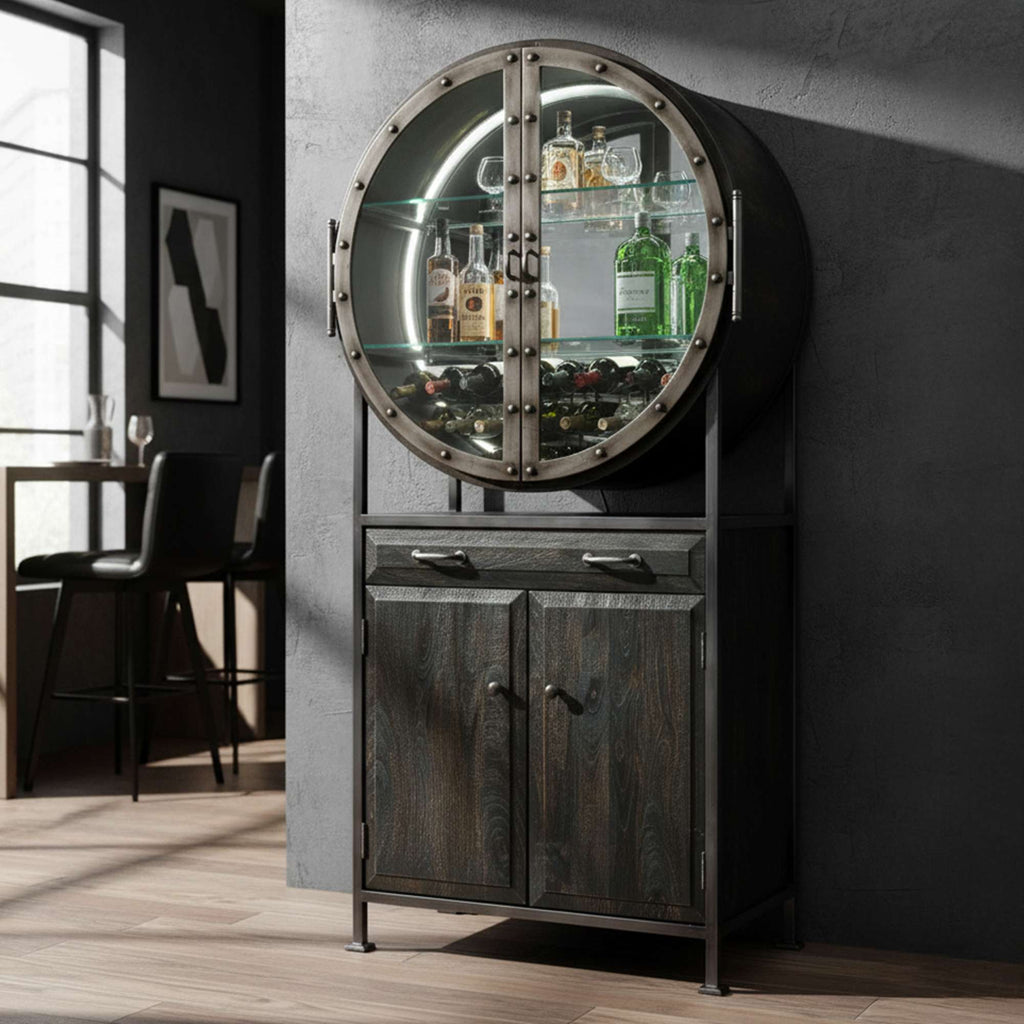 A vintage-style bar cabinet with a circular glass display for bottles and a wooden base.