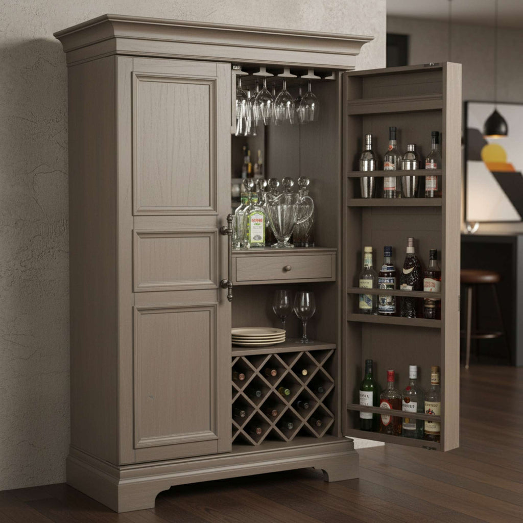 A stylish home bar cabinet with glassware and liquor bottles.