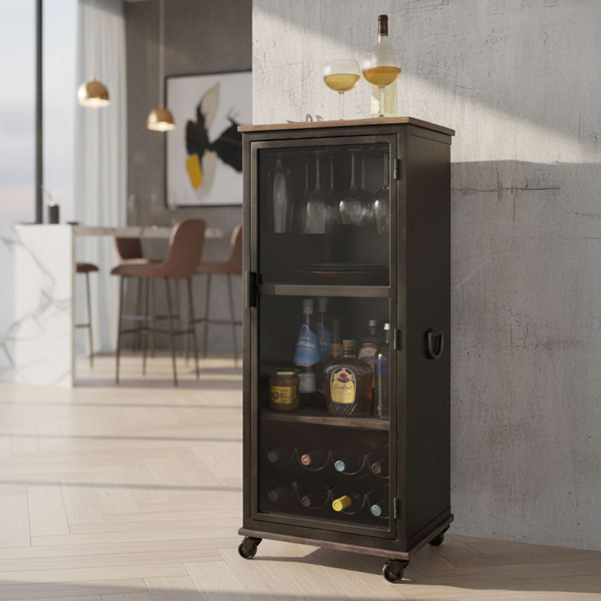 A stylish bar cabinet with glass doors, stocked with various bottles and glasses, placed in a modern interior.