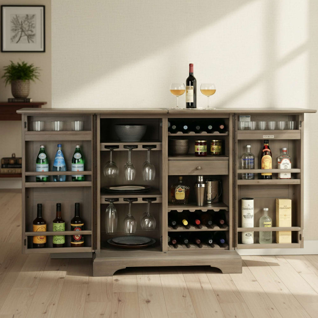 A stylish wooden bar cart displaying an assortment of beverages and glassware.