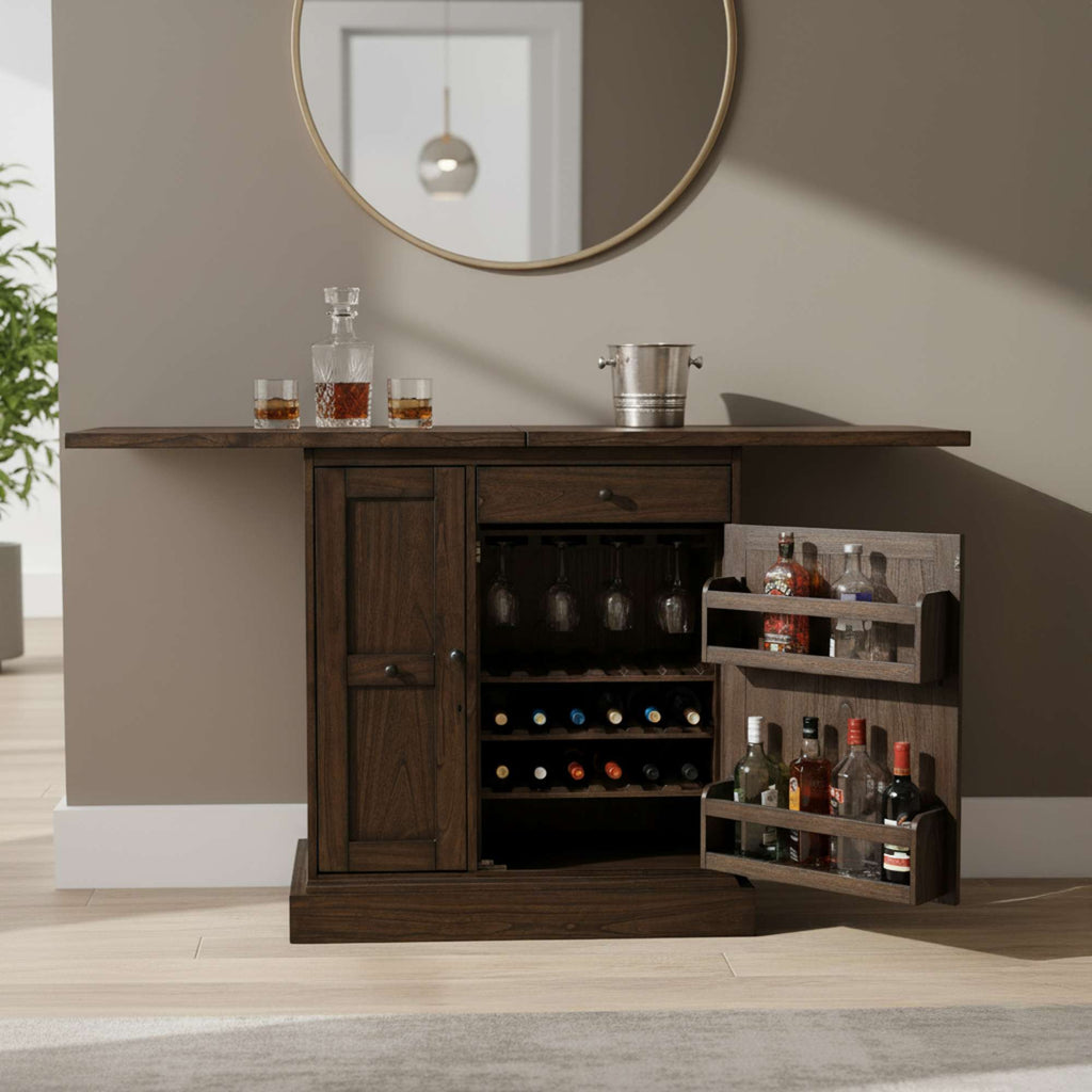 Wooden bar cabinet with wine and glass storage, topped with drink accessories and a mirror.