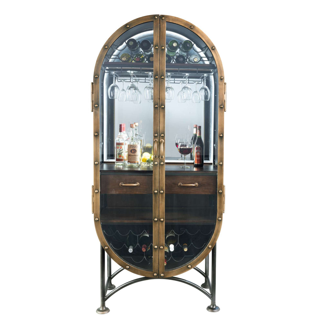 Vintage style bar cabinet with glassware and wine bottles.
