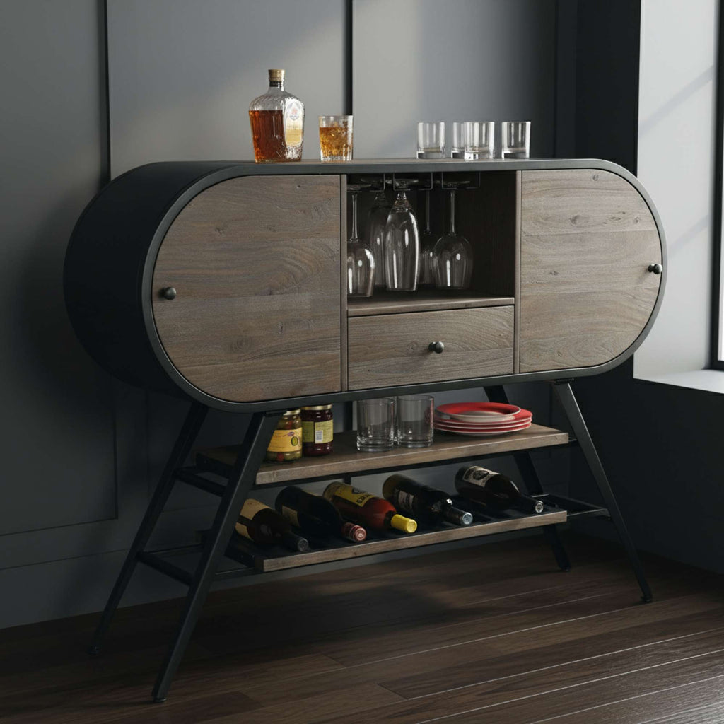 A modern bar cabinet featuring a wood and black finish, with bottles and glasses displayed.