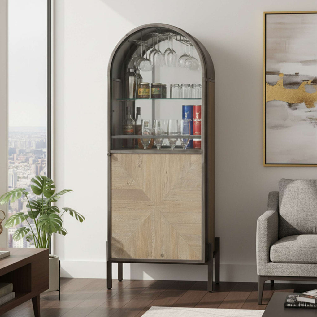 Modern glass-front cabinet with wooden base in a stylish living room