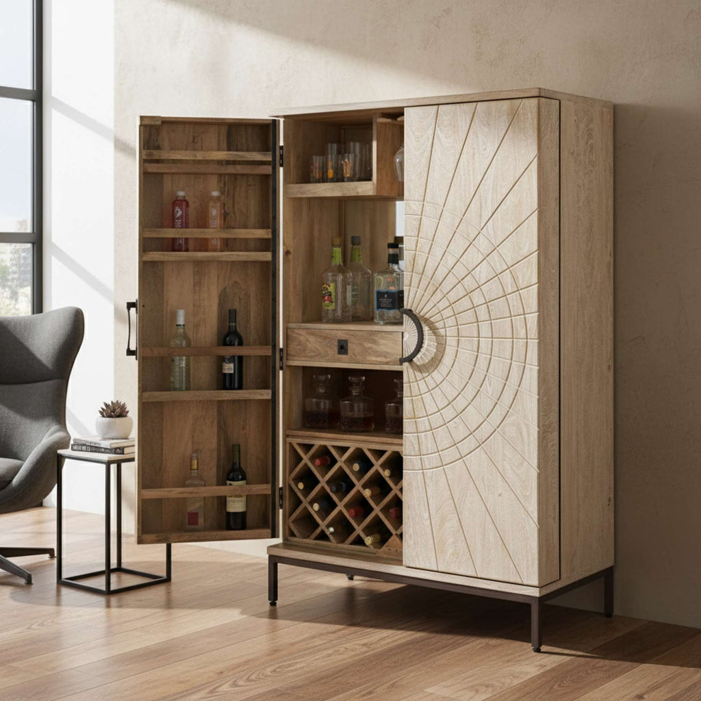 A stylish wooden bar cabinet with shelves and a wine rack, set in a modern interior.