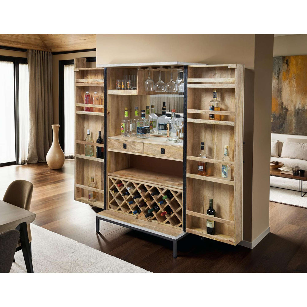 A stylish open bar cabinet showcasing various bottles and glasses, placed in a modern living room.