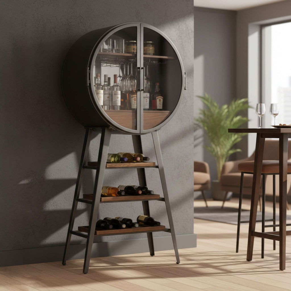 A modern bar cabinet with a circular glass door on top and open shelves below, showcasing drinks and bottles, in a stylish interior setting.