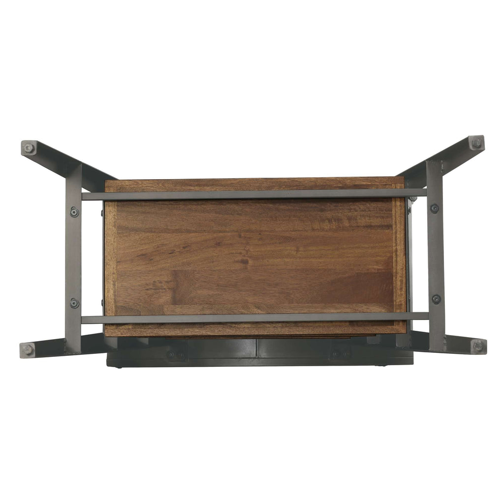 Top view of a wooden table with a metal frame.