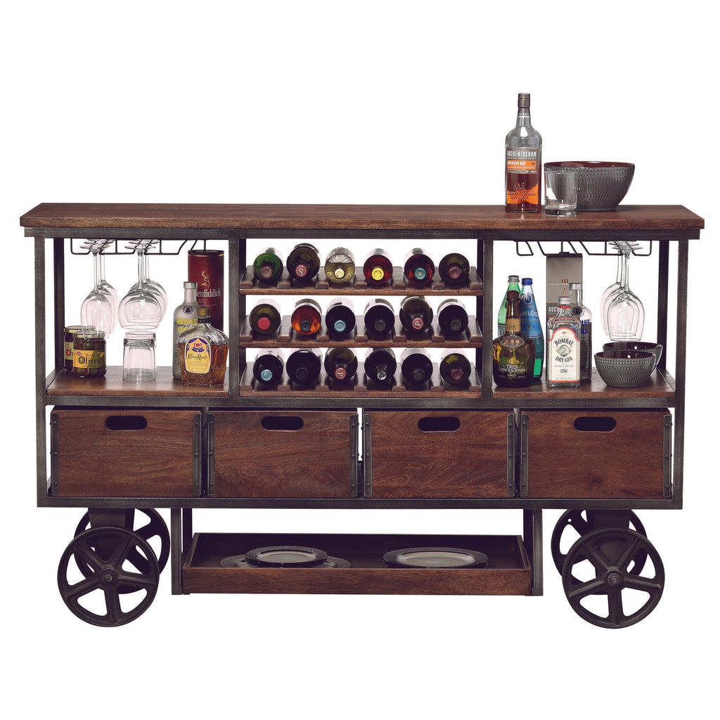 A stylish wooden bar cart with wine bottles, glassware, and spirits.