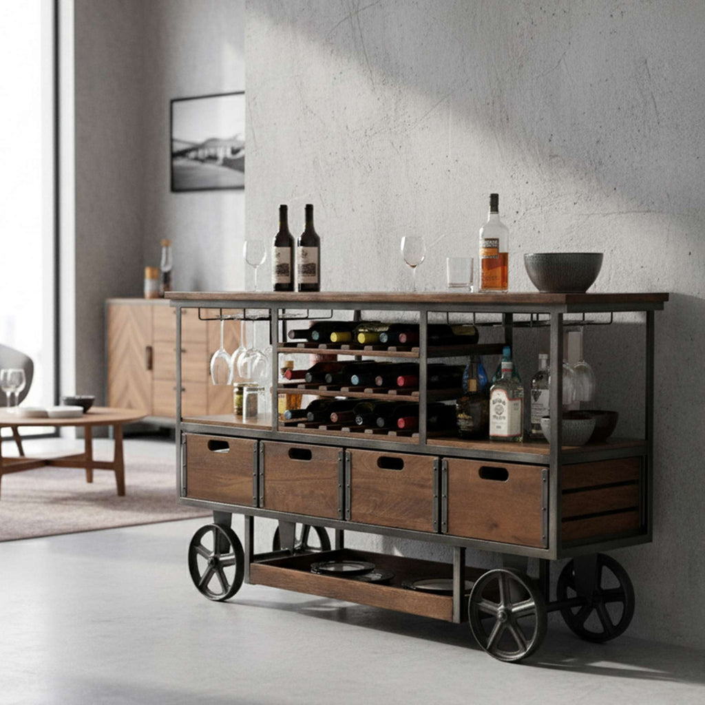 A stylish wooden bar cart with wine bottles and glasses, set in a modern interior.