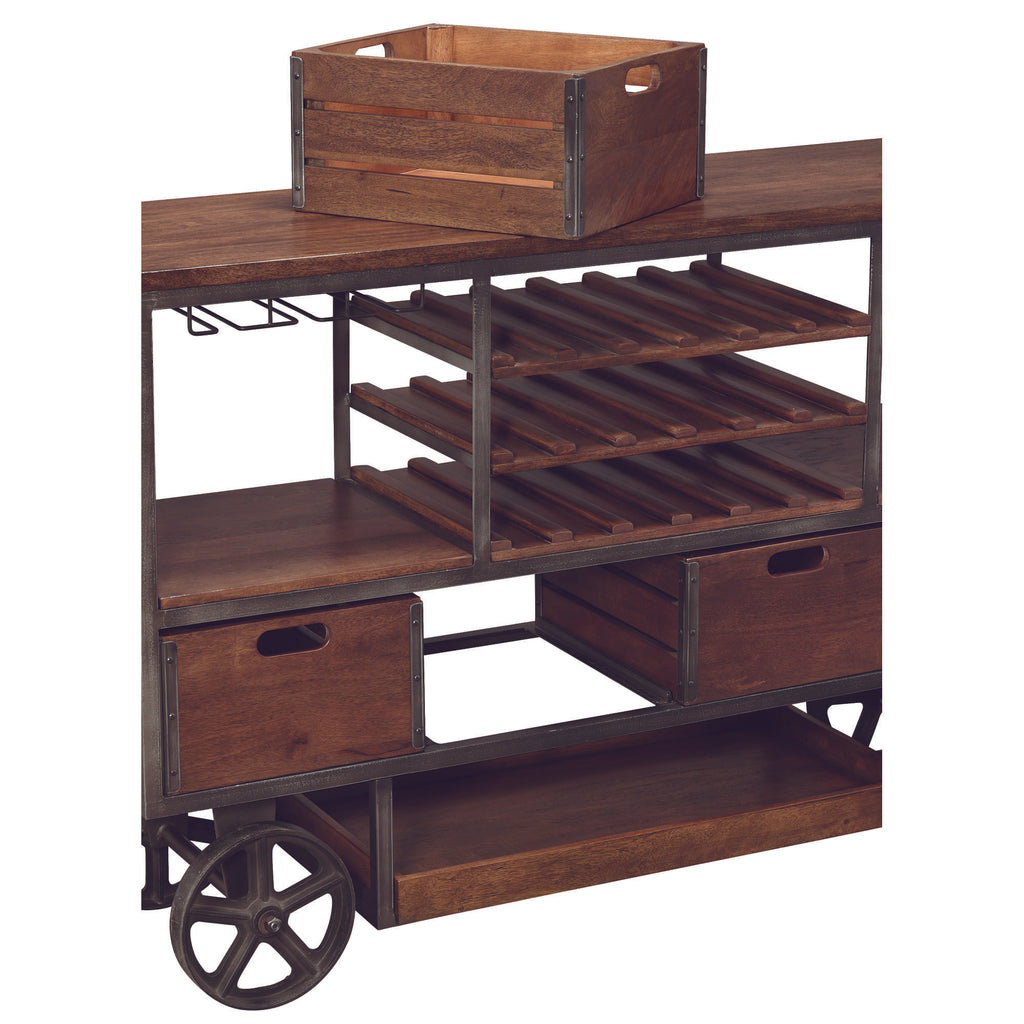 A wooden kitchen cart with shelves, wooden crates, and wheels.