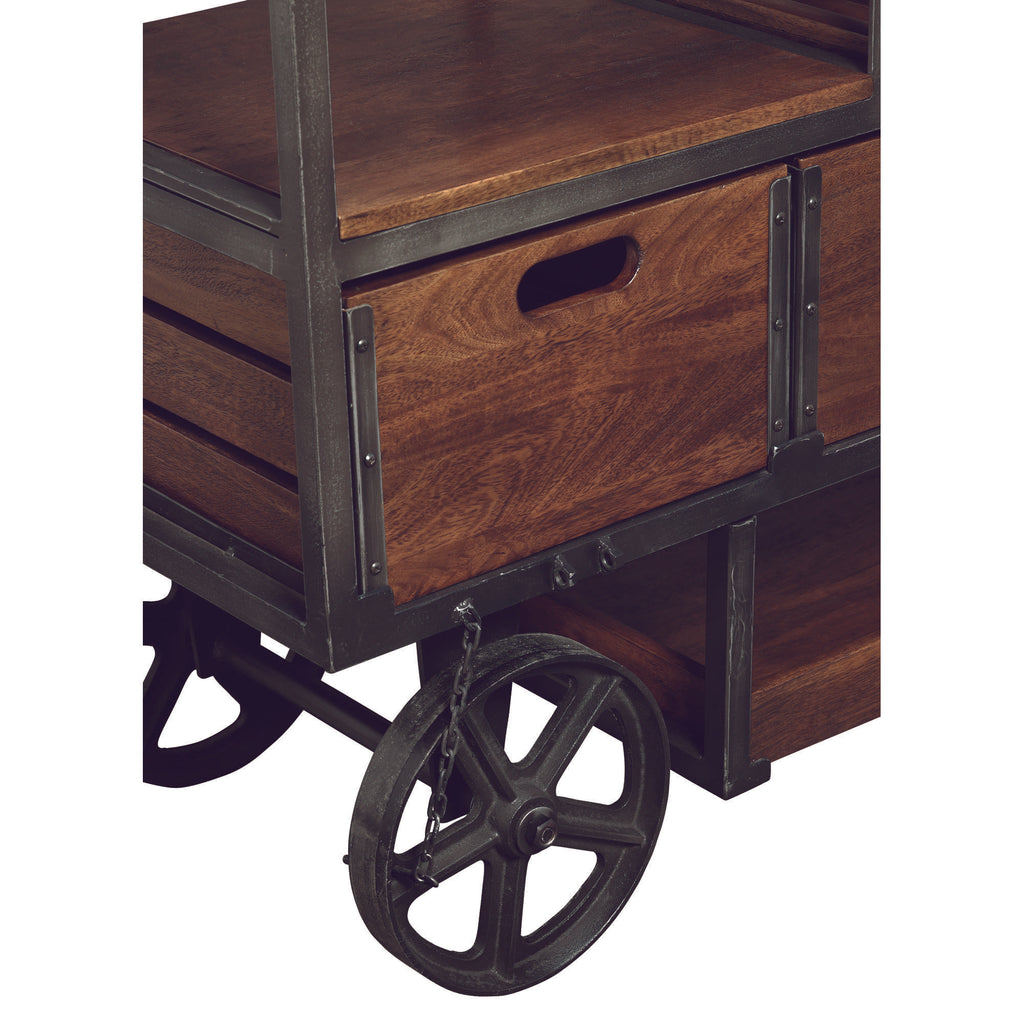 Vintage-style wooden cart with metal accents and wheels