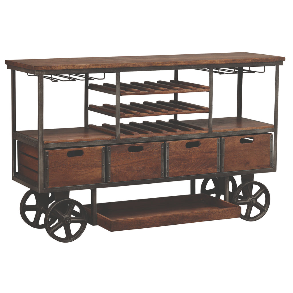 Wooden serving cart with metal frame and wheels