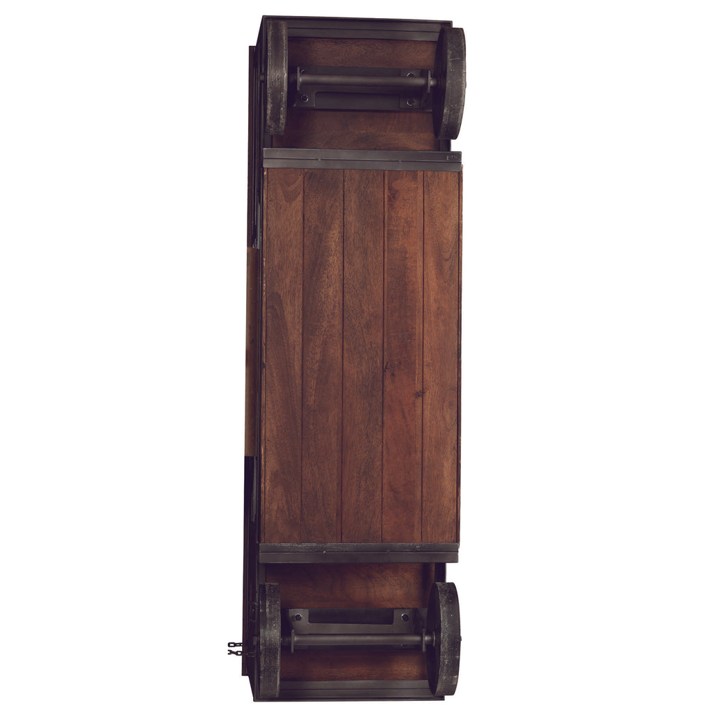 A vintage wooden cart viewed from above, featuring large wheels and a rustic design.