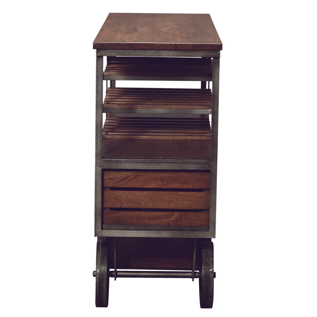 A wooden and metal storage cart with shelves and drawers on wheels.