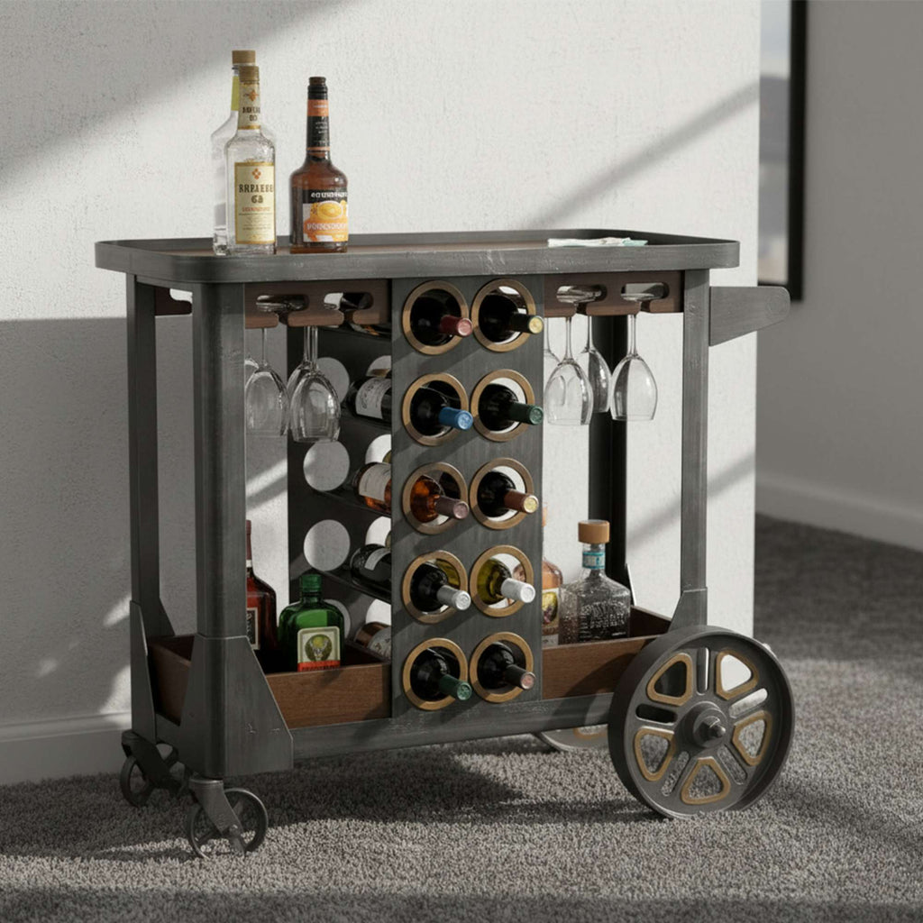 A stylish wine cart displaying various bottles and glassware.
