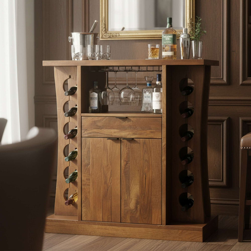 Wooden bar cabinet with wine storage and glassware displayed