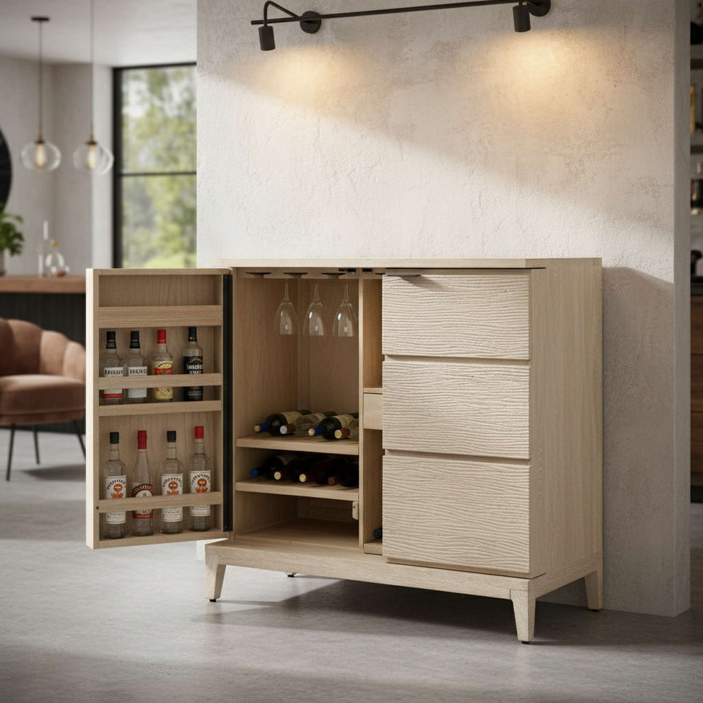 Modern wooden cabinet with open doors revealing bottles and glasses.