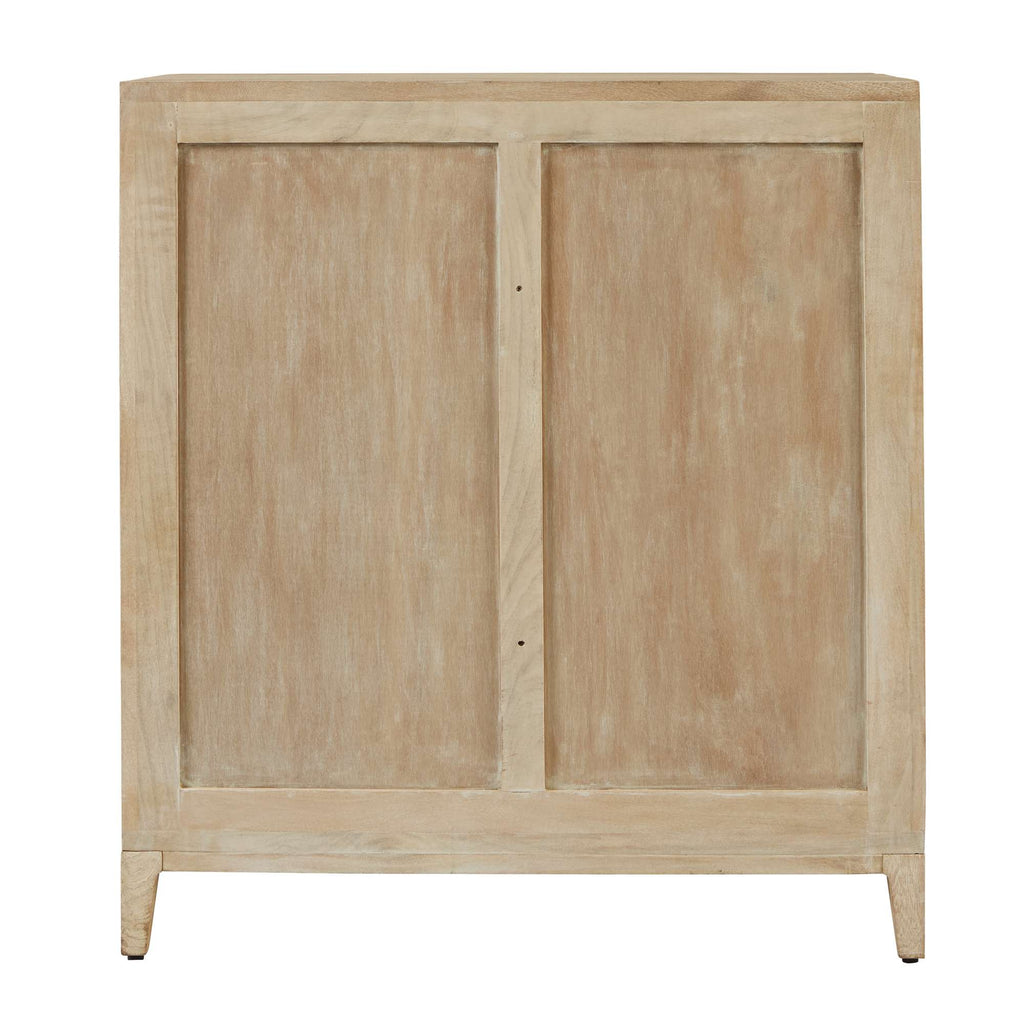 Front view of a wooden cabinet with two doors, finished in a light, natural color.