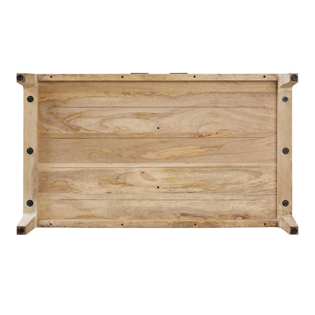 A wooden tabletop with a natural finish and visible grain patterns.