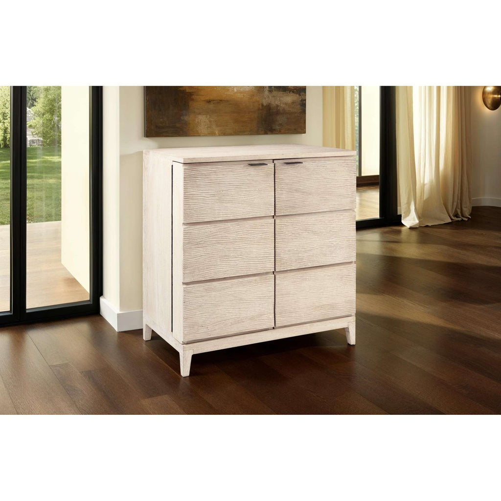 Modern wooden dresser with six drawers in a bright interior