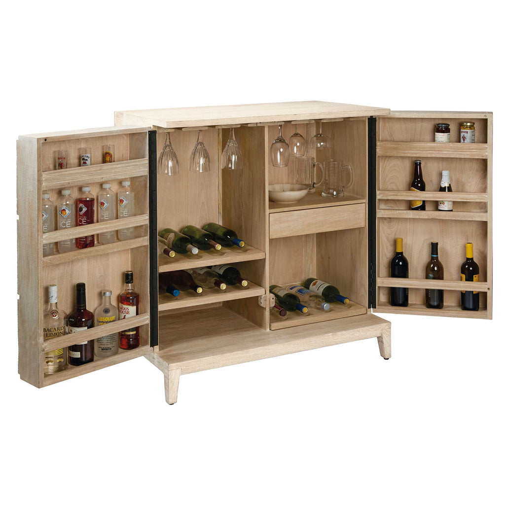 A wooden bar cabinet with opened doors, showcasing various bottles of liquor and wine glasses.
