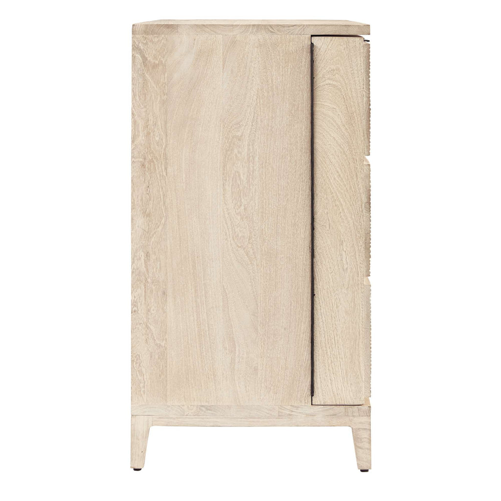Tall wooden cabinet with a natural finish and a single door