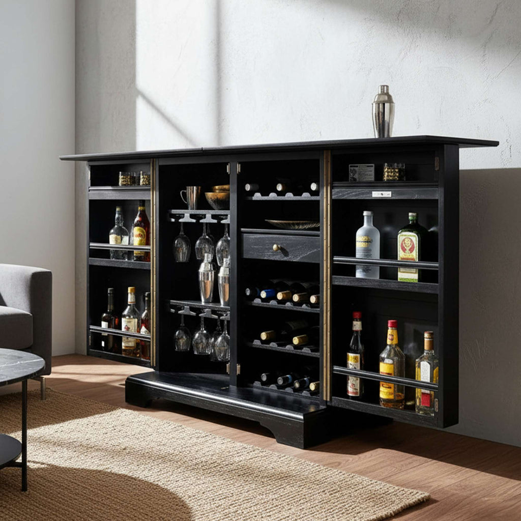 A sleek black bar cabinet displaying various bottles and glasses in an elegant interior setting.