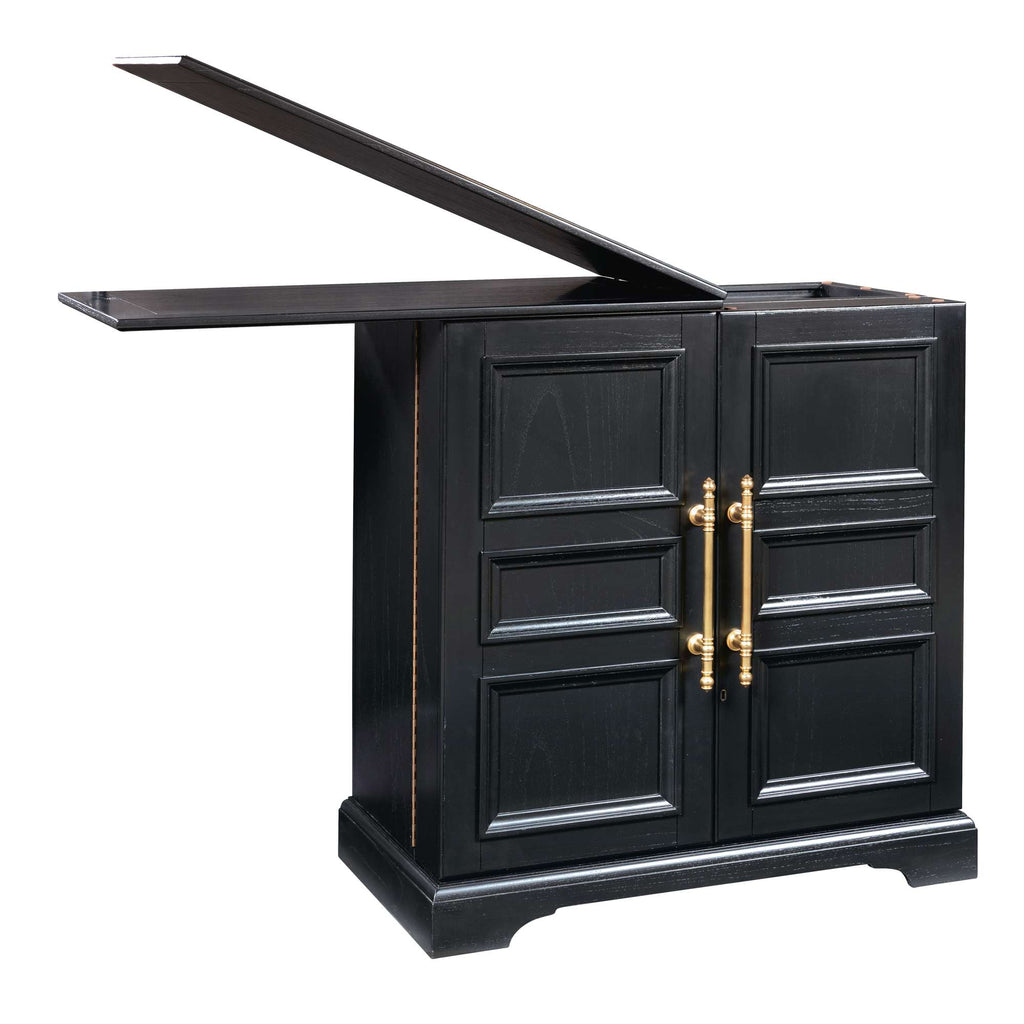 Stylish black cabinet with an extending top and gold handles