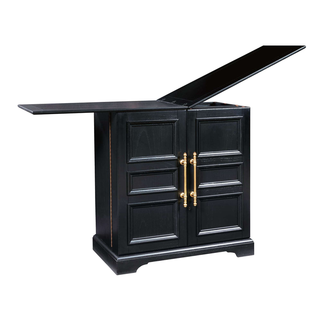 Open black wooden cabinet with gold handles and a lid raised.