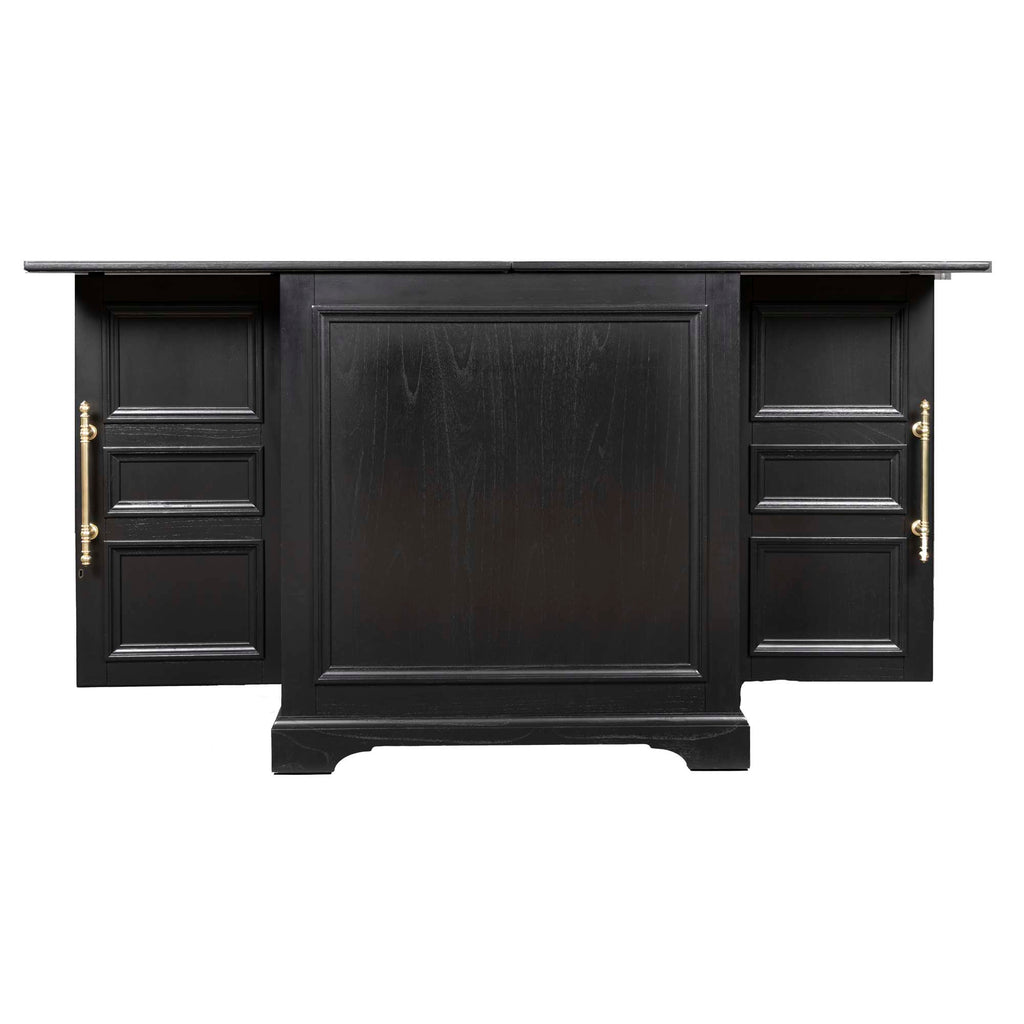 Black wooden cabinet with open doors and brass handles