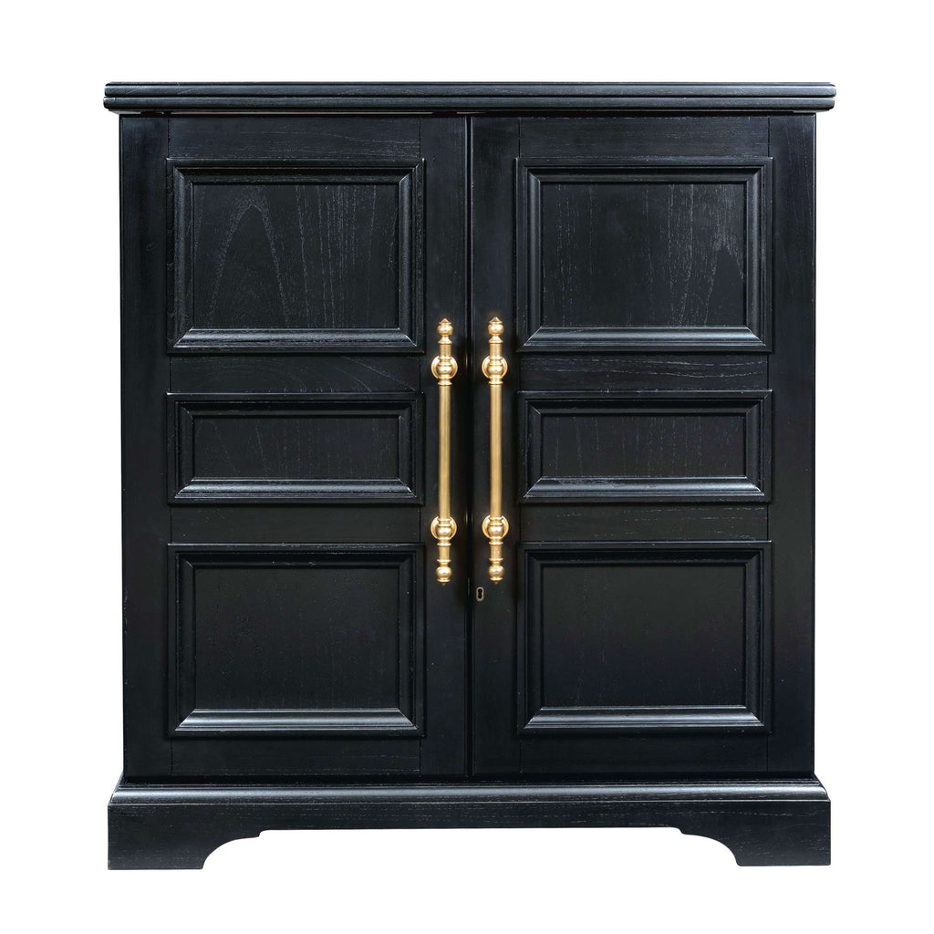Black wooden cabinet with gold handles and paneled doors