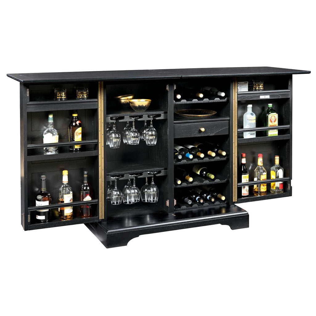 Elegant black home bar with shelves for bottles and glasses.