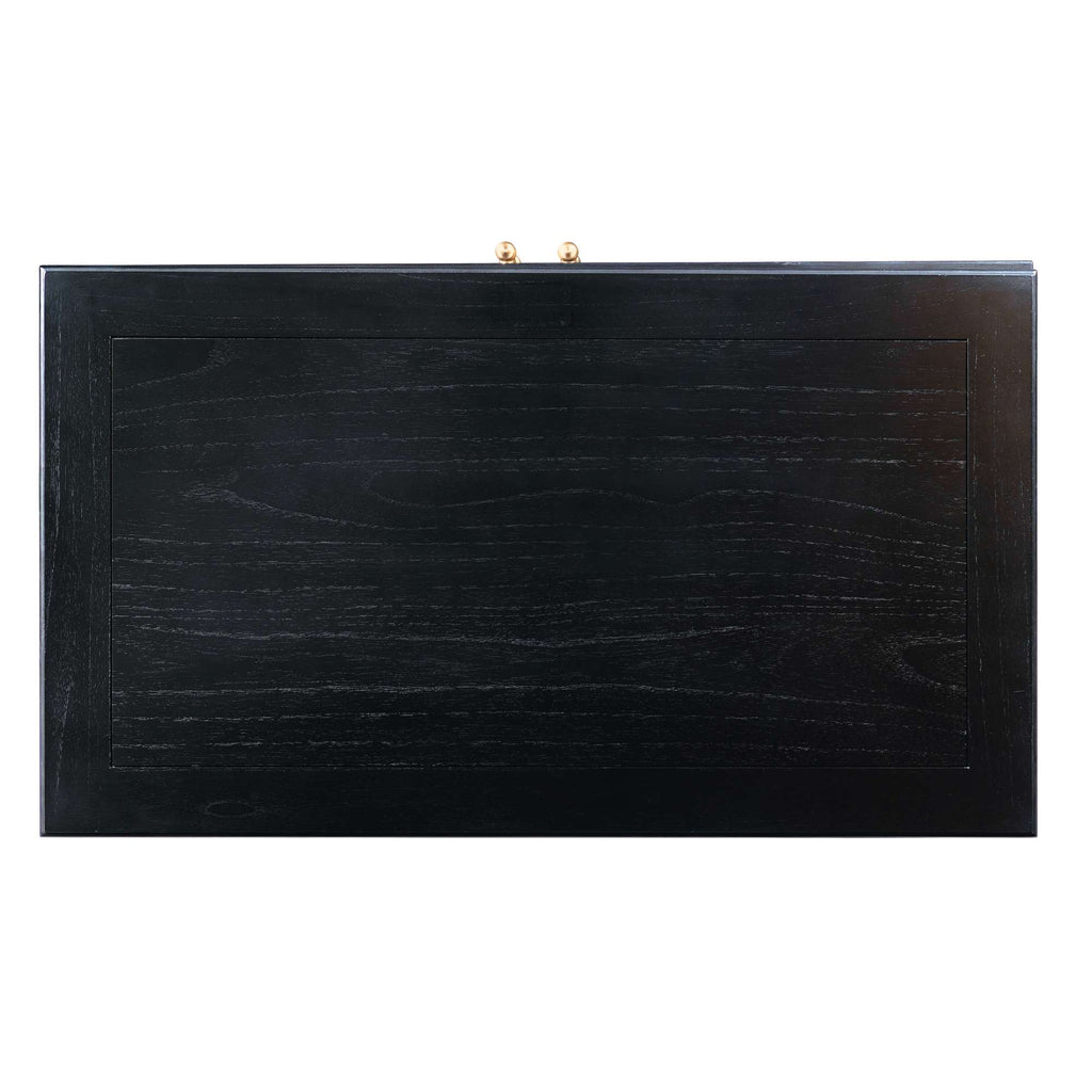 Black wooden board with a smooth finish and gold clasps