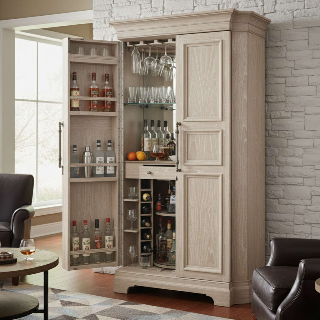 A stylish home bar cabinet with bottles and glassware displayed, in a modern living room setting.
