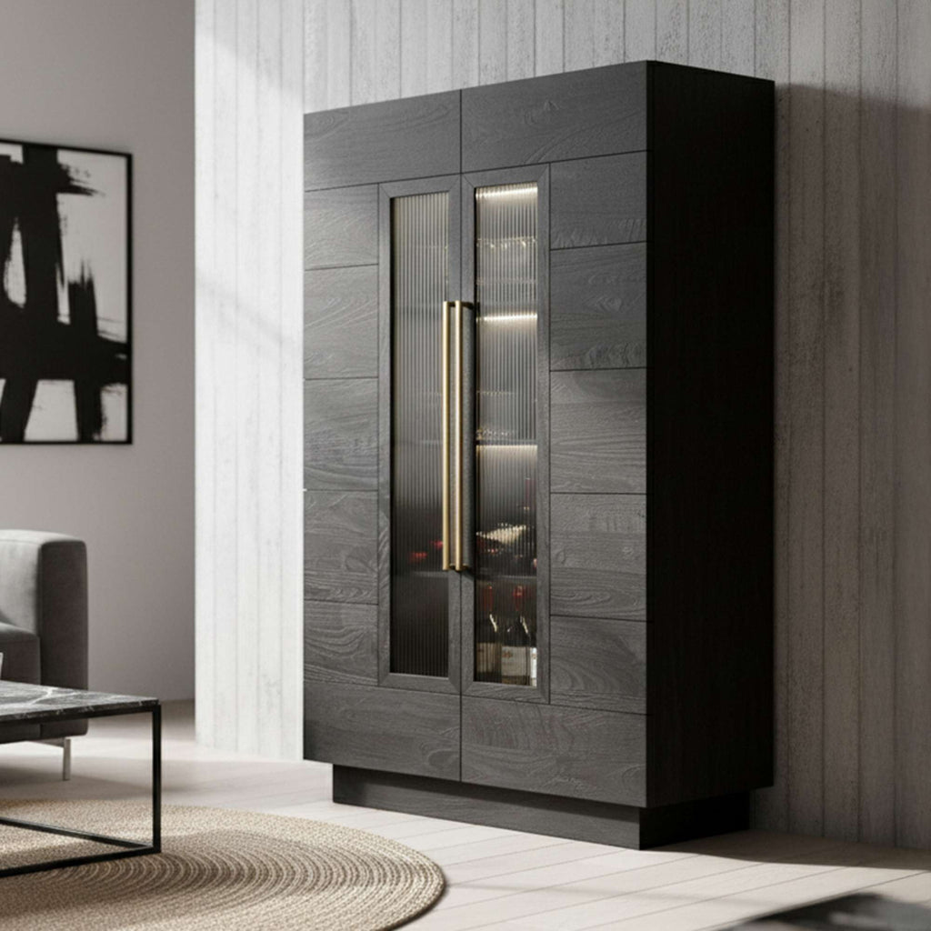 Modern black cabinet with glass doors and golden handles