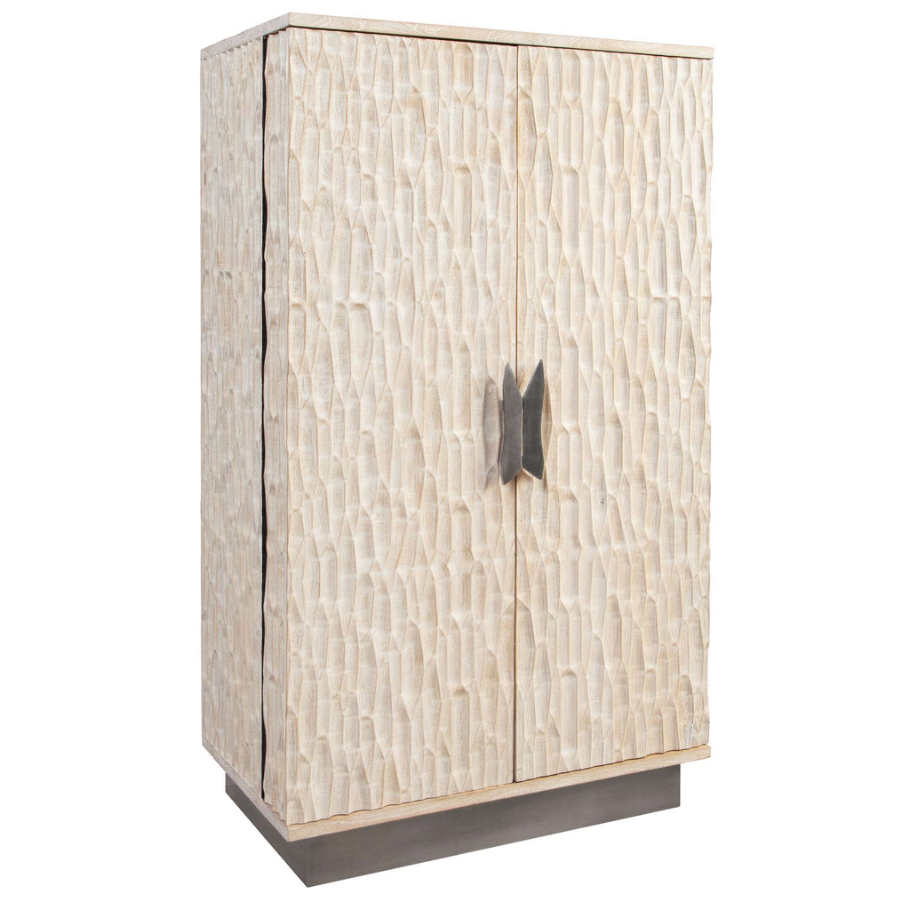 Stylish cream-colored storage cabinet with textured doors and metallic handle.