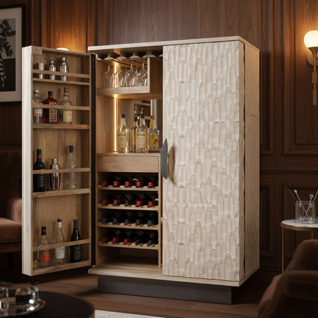 A stylish wooden bar cabinet with open doors displaying liquor bottles and a wine rack.