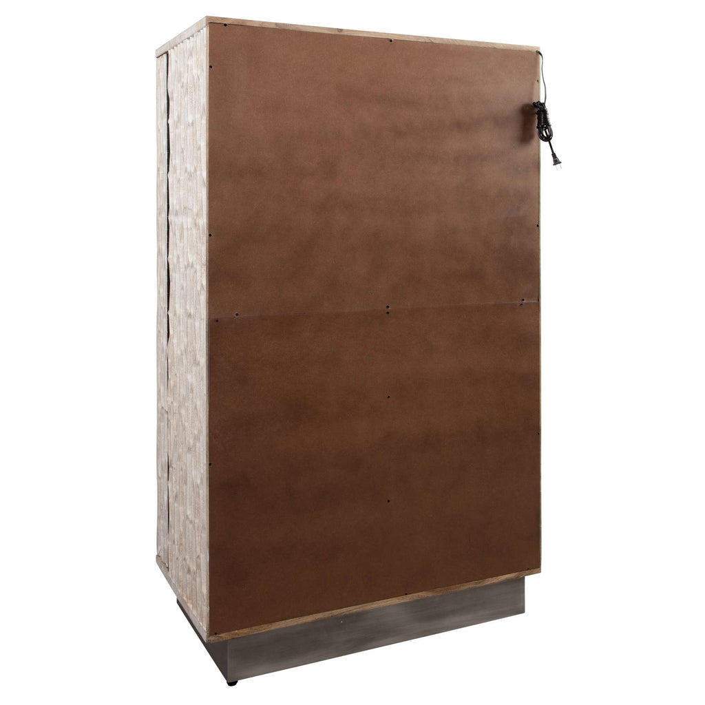 A tall, rectangular storage cabinet with a brown exterior and metallic base.