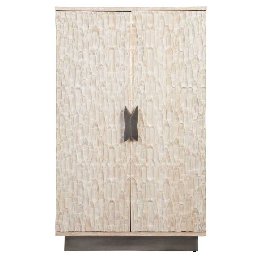 Front view of a decorative cabinet with textured light-colored doors and a sleek handle.