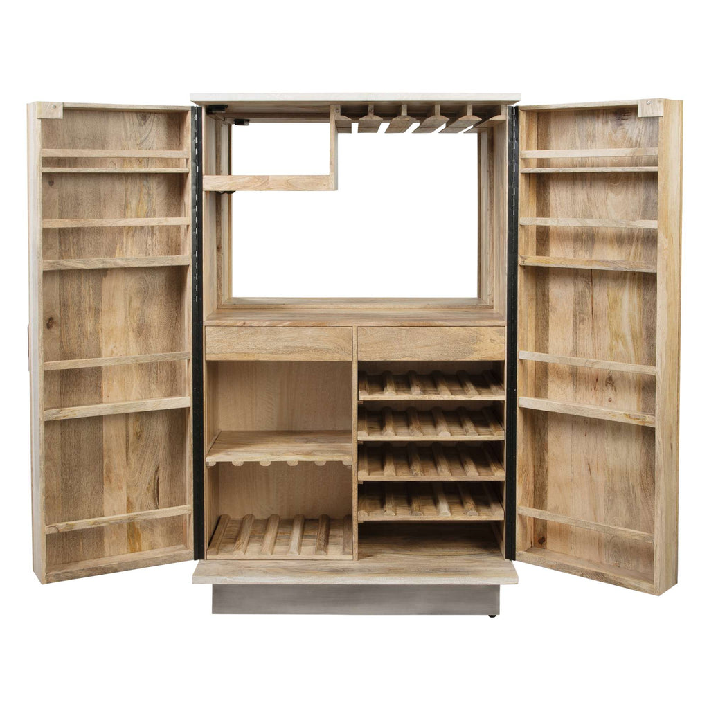 An open wooden cabinet featuring shelves, a space for hanging wine glasses, and compartments for storing bottles.